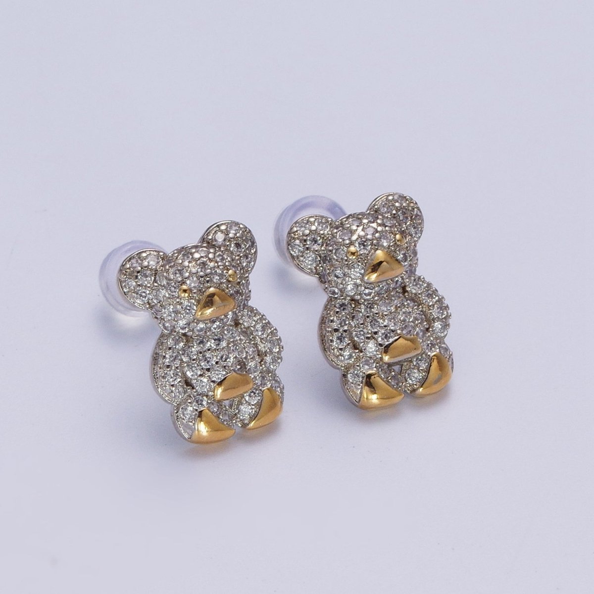 Clear Micro Paved Gold Teddy Bear Stud Earrings For Nature Jewelry Making | P-282