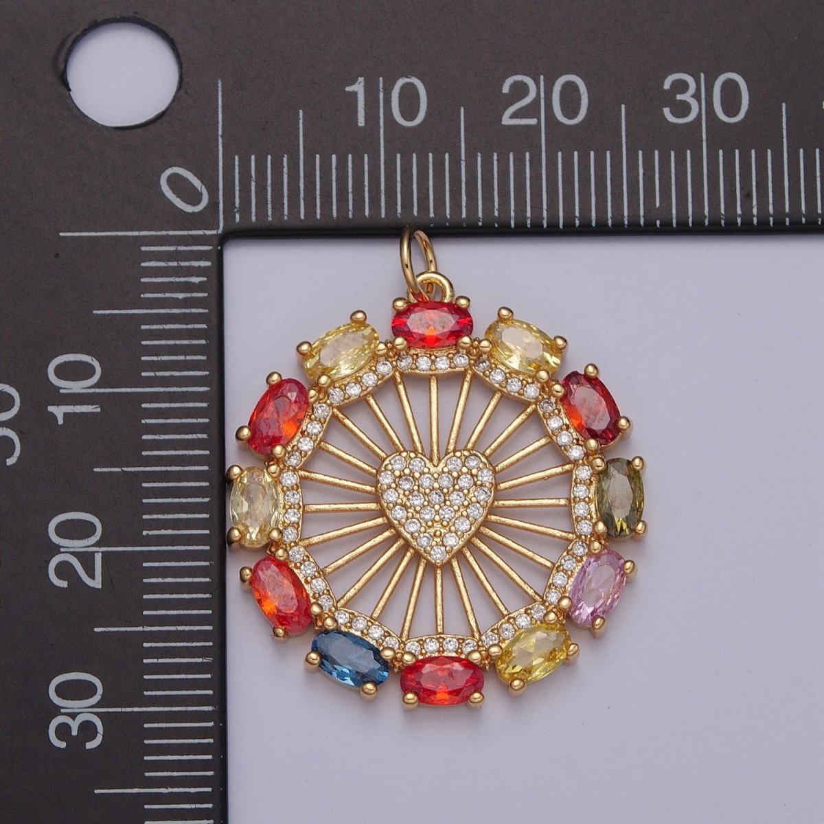 Clear Micro Paved Heart Geometric Bar Rounded Multicolor Oval CZ Medallion Charm | X-125
