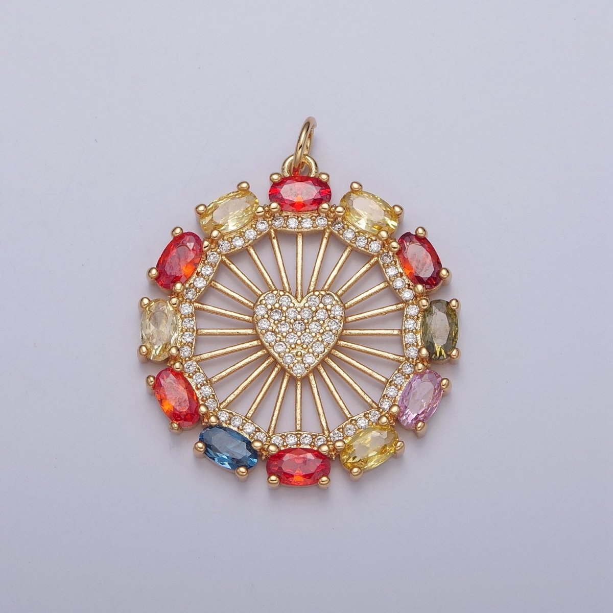 Clear Micro Paved Heart Geometric Bar Rounded Multicolor Oval CZ Medallion Charm | X-125