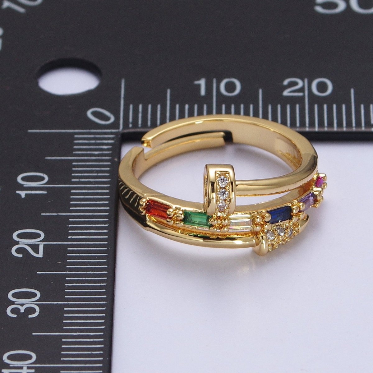 Clear Micro Paved Multicolor Baguette Adjustable Nail Ring in Gold & Silver | O-259 O-260