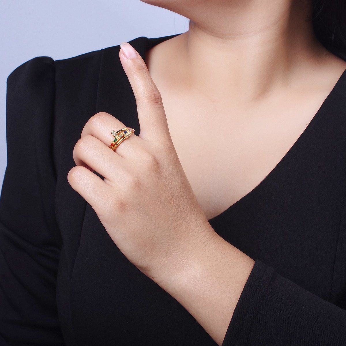 Clear Micro Paved Multicolor Baguette Adjustable Nail Ring in Gold & Silver | O-259 O-260