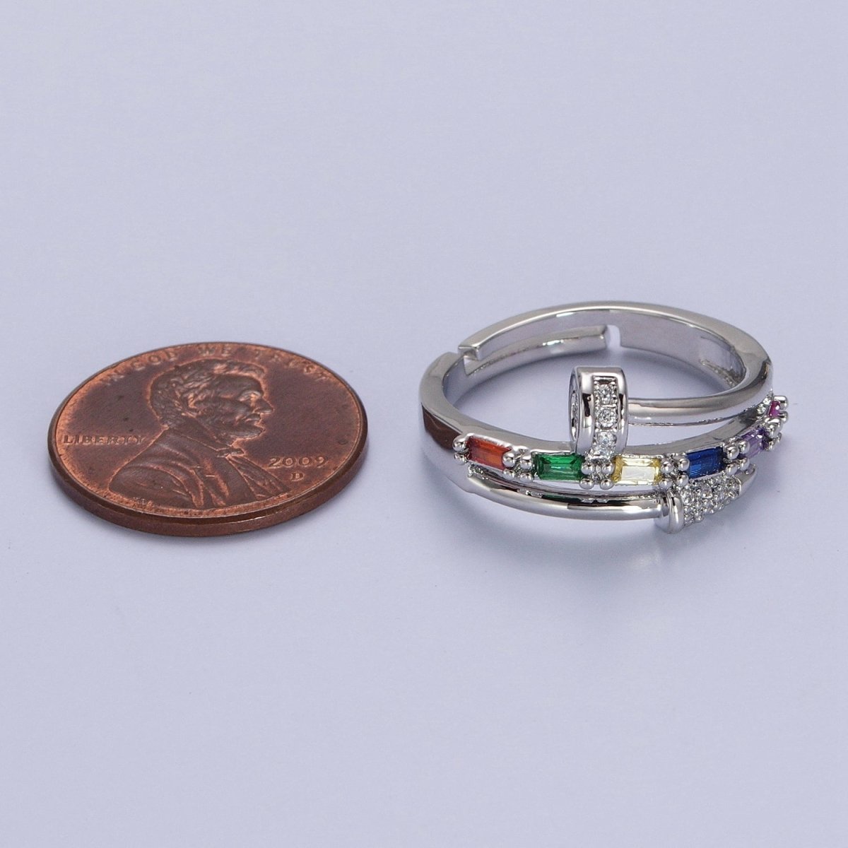 Clear Micro Paved Multicolor Baguette Adjustable Nail Ring in Gold & Silver | O-259 O-260