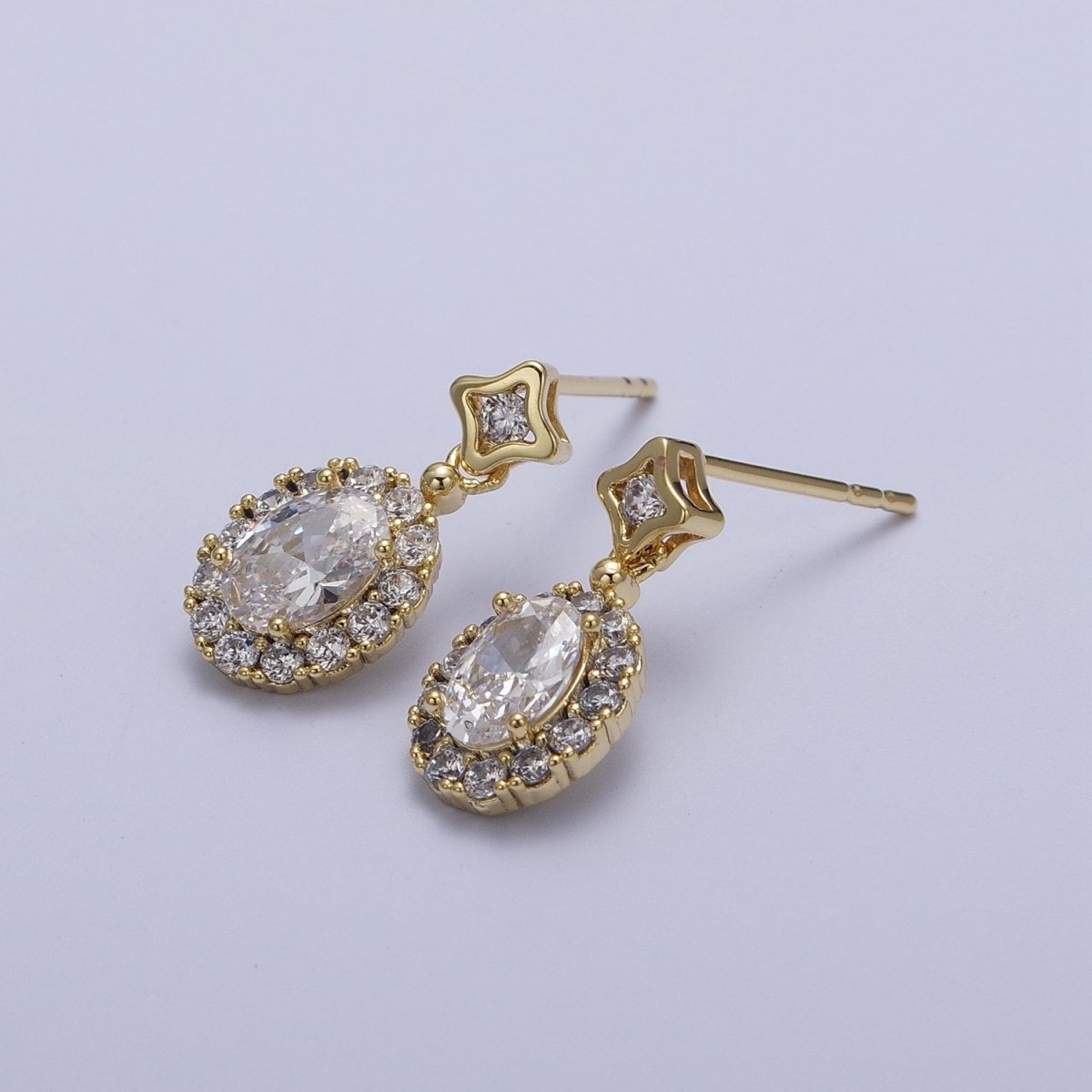 Clear Micro Paved Oval CZ Star Stud Drop Dangle Gold Earrings | AD-190