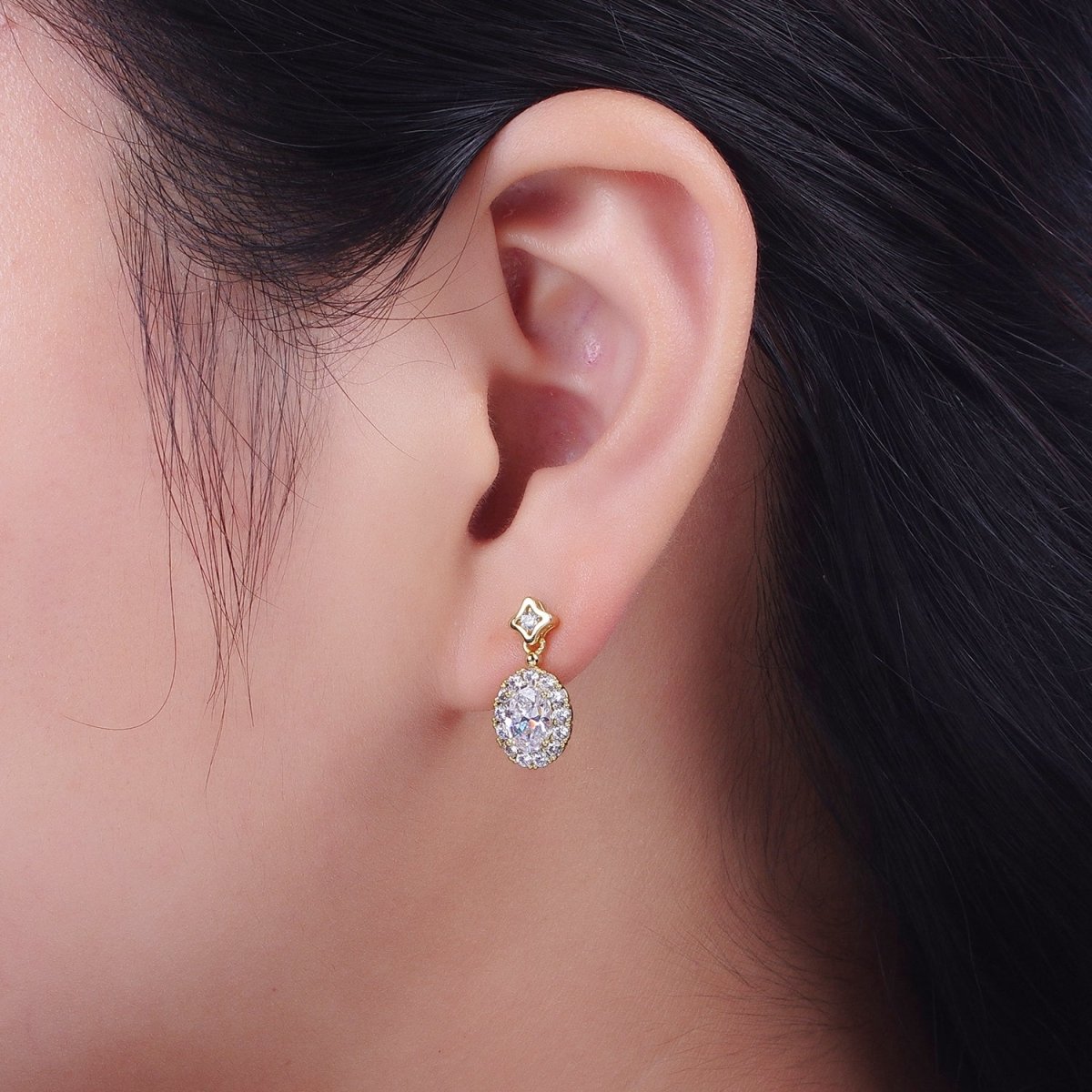 Clear Micro Paved Oval CZ Star Stud Drop Dangle Gold Earrings | AD-190