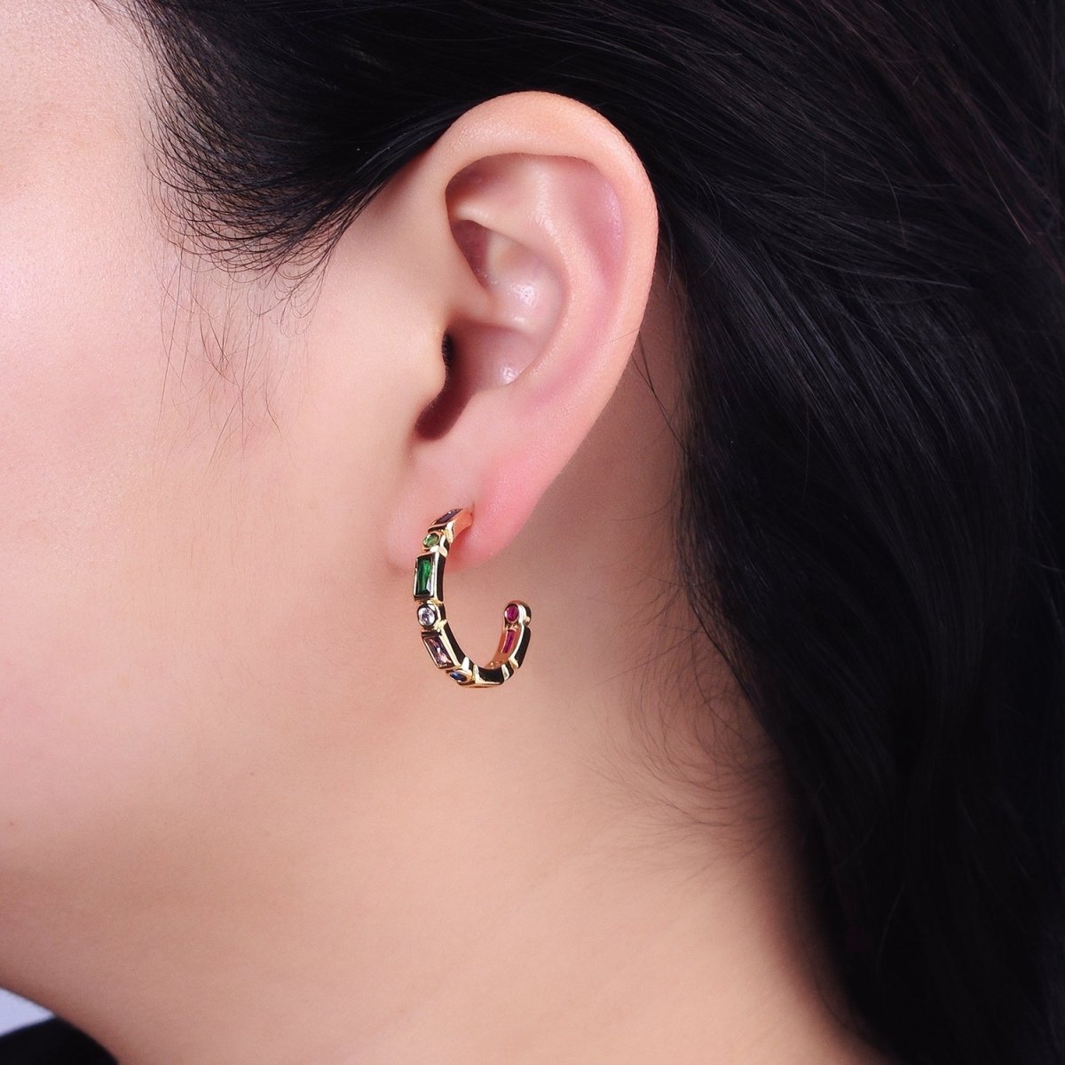 Clear, Multicolor Baguette Round CZ Lined C-Shaped Hoop Earrings | AB807, AB821 AB829