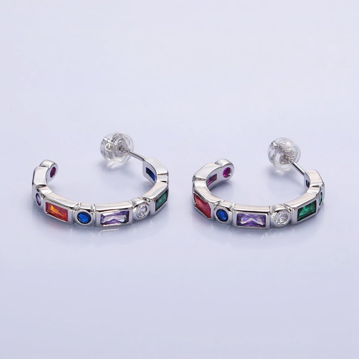 Clear, Multicolor Baguette Round CZ Lined C-Shaped Hoop Earrings | AB807, AB821 AB829