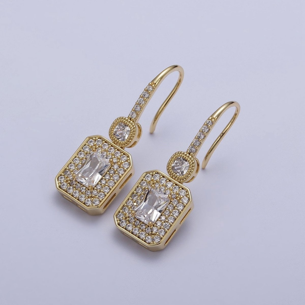 Clear, Pink Baguette Micro Paved CZ Drop Dangle French Hook Earrings | AD-193 AD-194