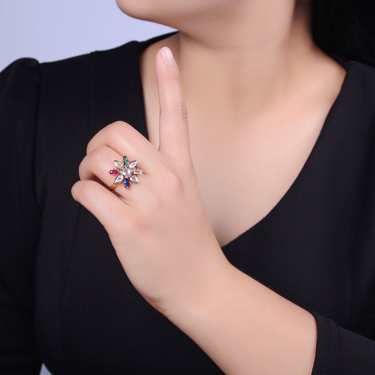 Clear & Rainbow Crystal Zirconia Flower Ring, Dainty Mother Nature 24K Gold Filled Adjustable Statement Ring | U-457 U-458