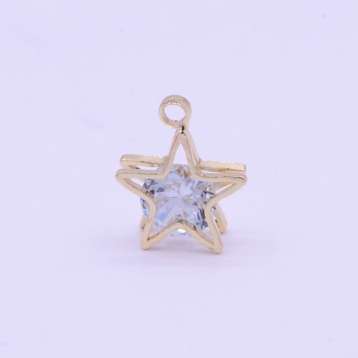 Clear Round Cubic Zirconia Between Celestial Gold Star Charm  AG-085