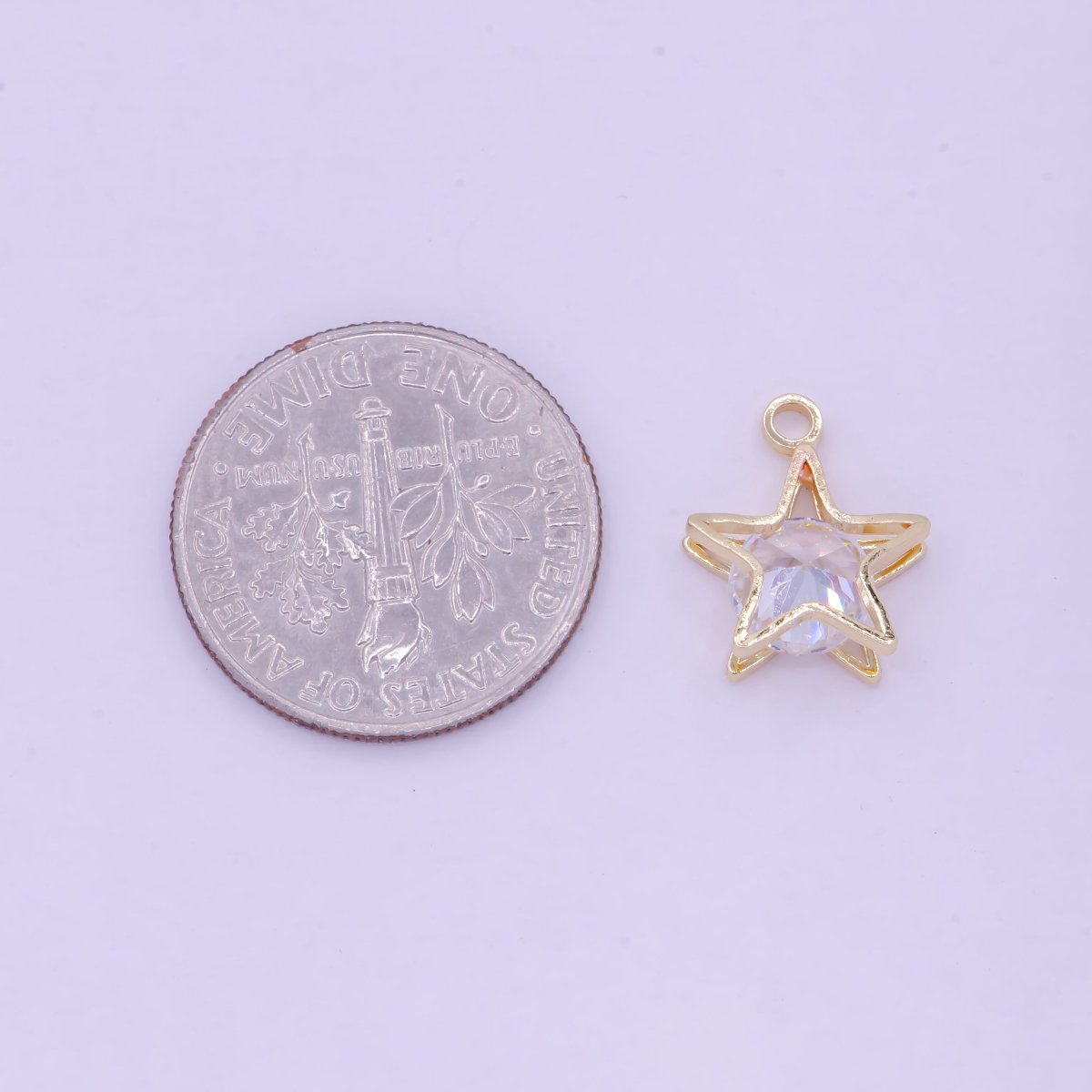 Clear Round Cubic Zirconia Between Celestial Gold Star Charm  AG-085