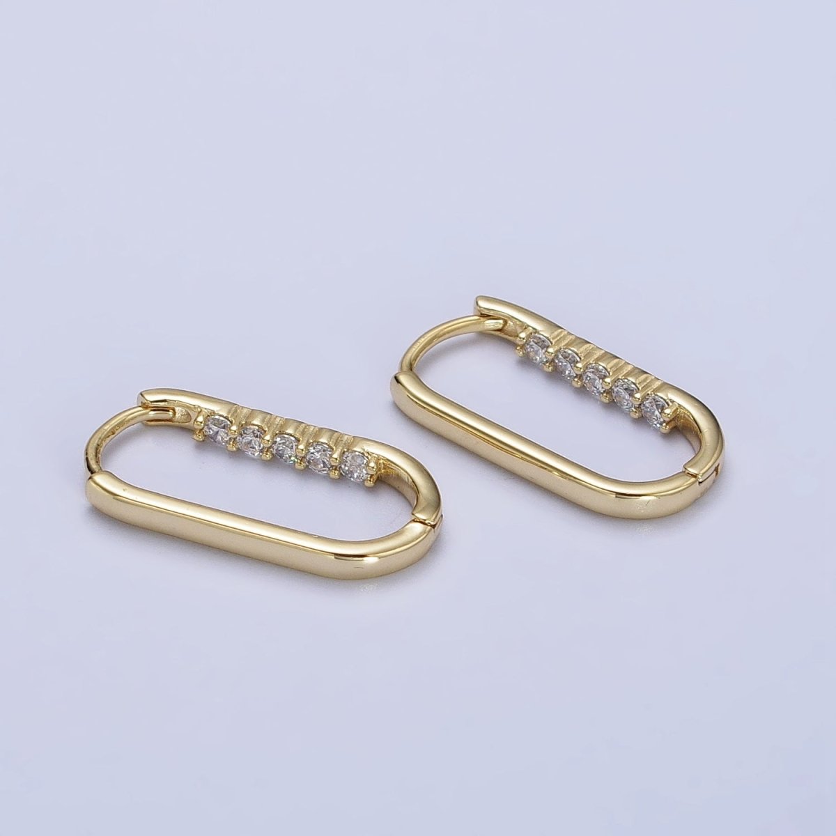 Clear Round CZ Lined Oblong U-Shaped Minimalist Hoop Earrings | AB413