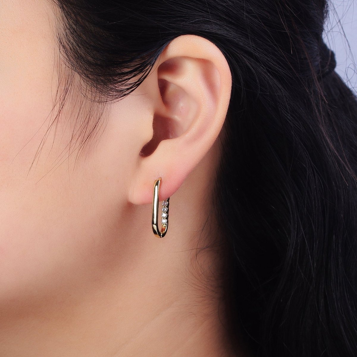 Clear Round CZ Lined Oblong U-Shaped Minimalist Hoop Earrings | AB413