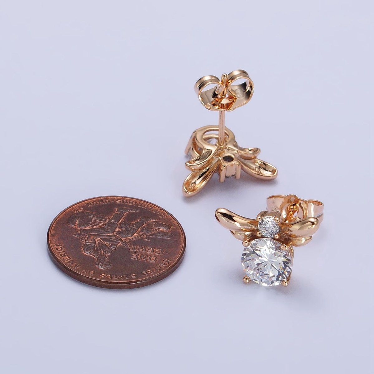 Clear Round Wings Mini Minimalist Gold Stud Earrings | AB228