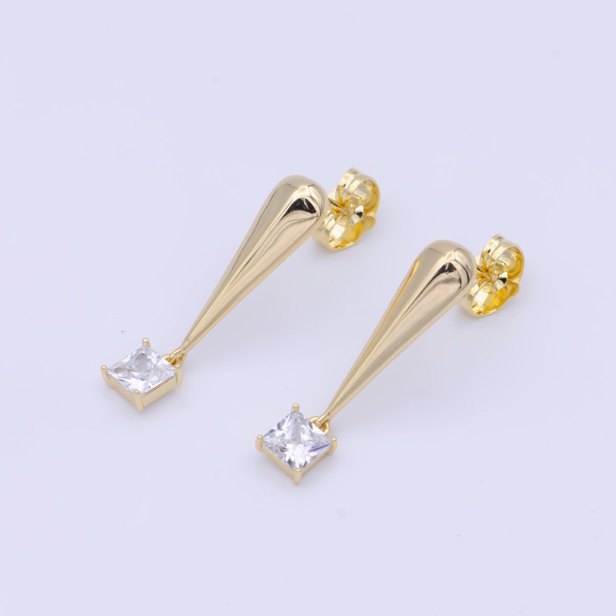 Clear Square Baguette Gold Drip Drop Stud Earrings | AD-584