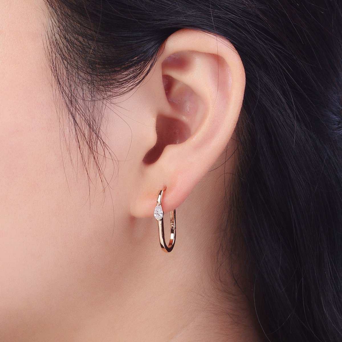 Clear Teardrop CZ 21.5mm Oblong U-Shaped Pinky Gold Huggie Earrings | V-038