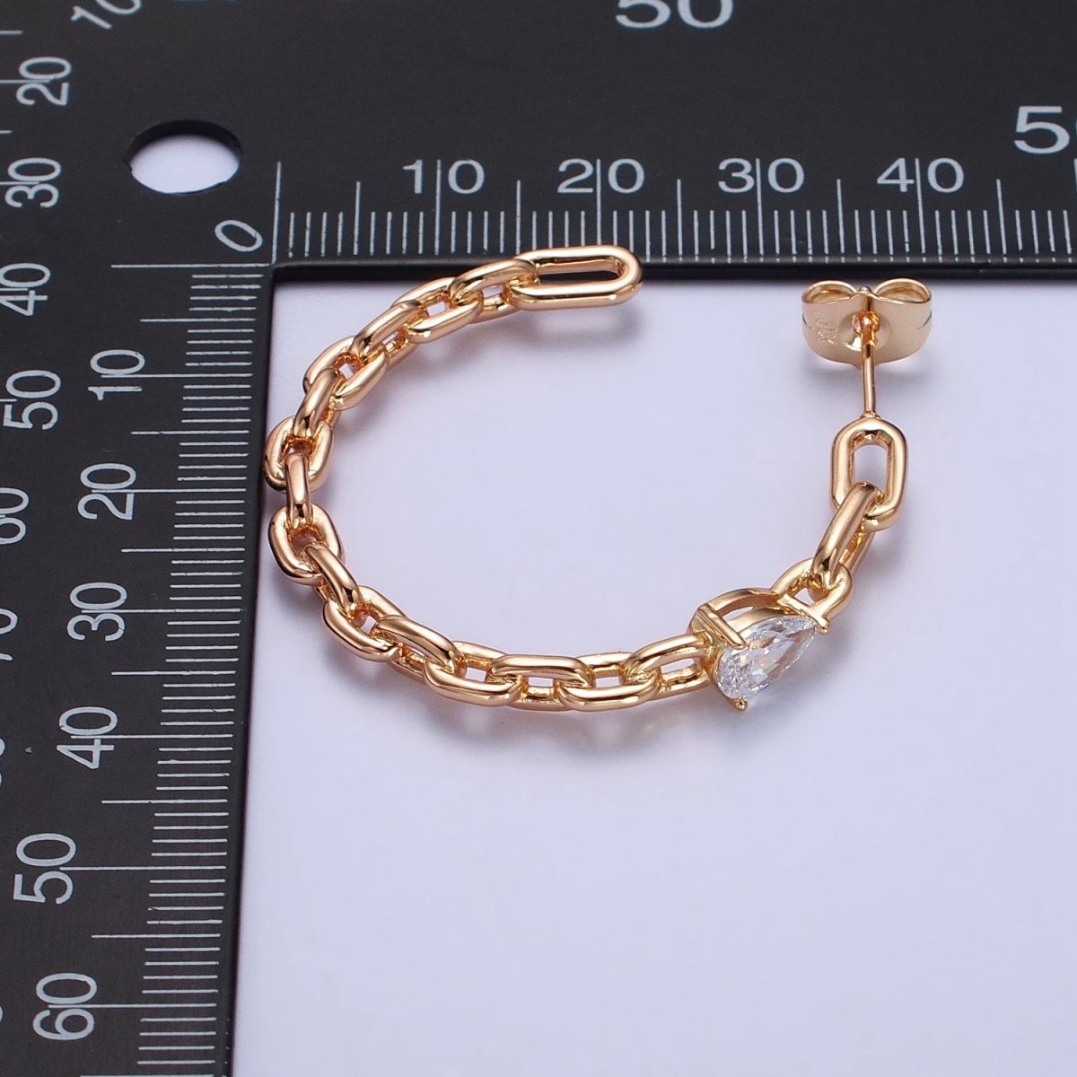 Clear Teardrop CZ C-Shaped Cable Paperclip Chain Link 38mm Hoop Earrings | AB159
