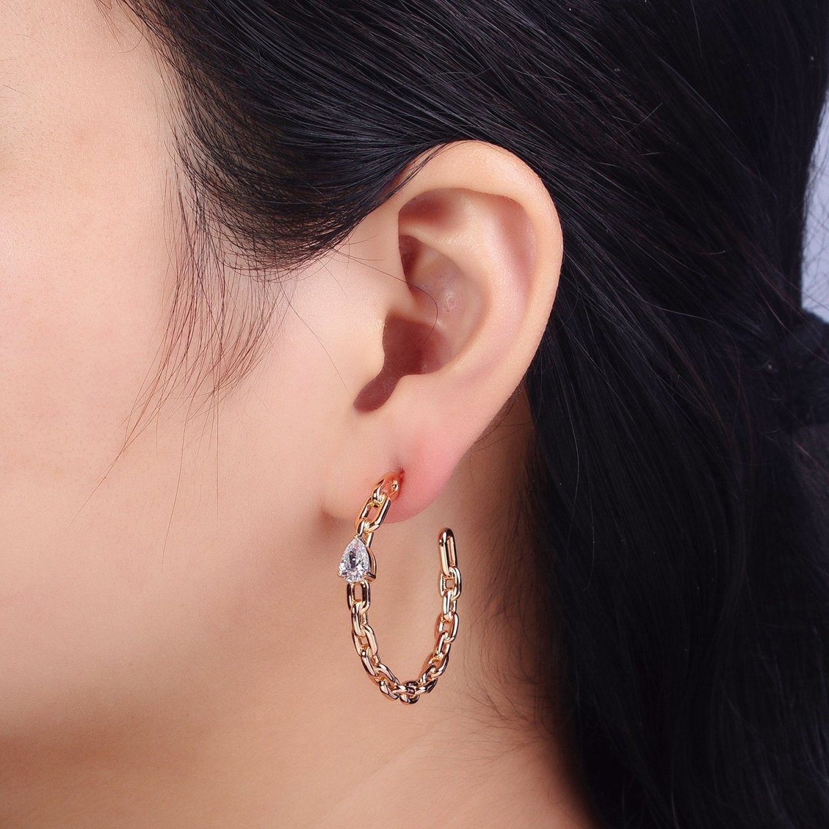 Clear Teardrop CZ C-Shaped Cable Paperclip Chain Link 38mm Hoop Earrings | AB159