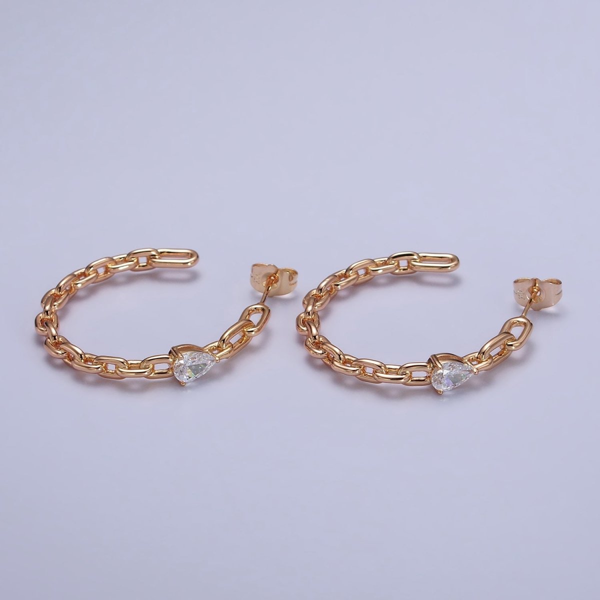 Clear Teardrop CZ C-Shaped Cable Paperclip Chain Link 38mm Hoop Earrings | AB159