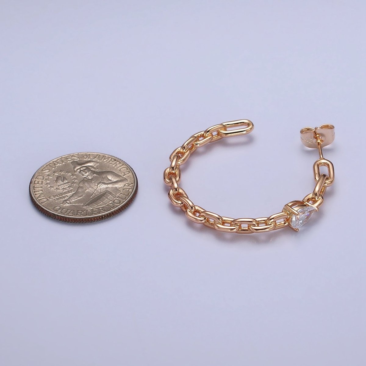 Clear Teardrop CZ C-Shaped Cable Paperclip Chain Link 38mm Hoop Earrings | AB159