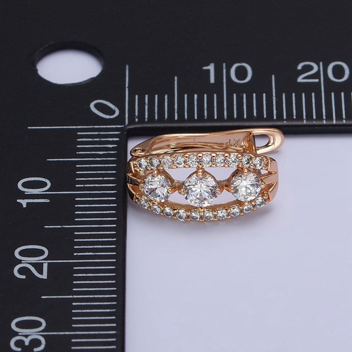 Clear Triple Round Micro Paved CZ Band Minimalist Gold English Lock Earrings | AB230