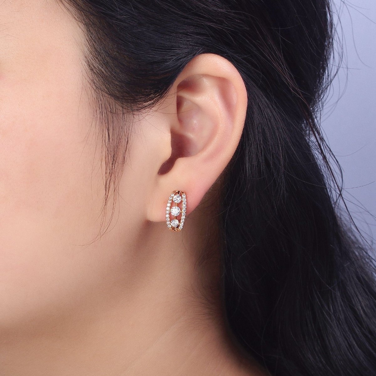 Clear Triple Round Micro Paved CZ Band Minimalist Gold English Lock Earrings | AB230