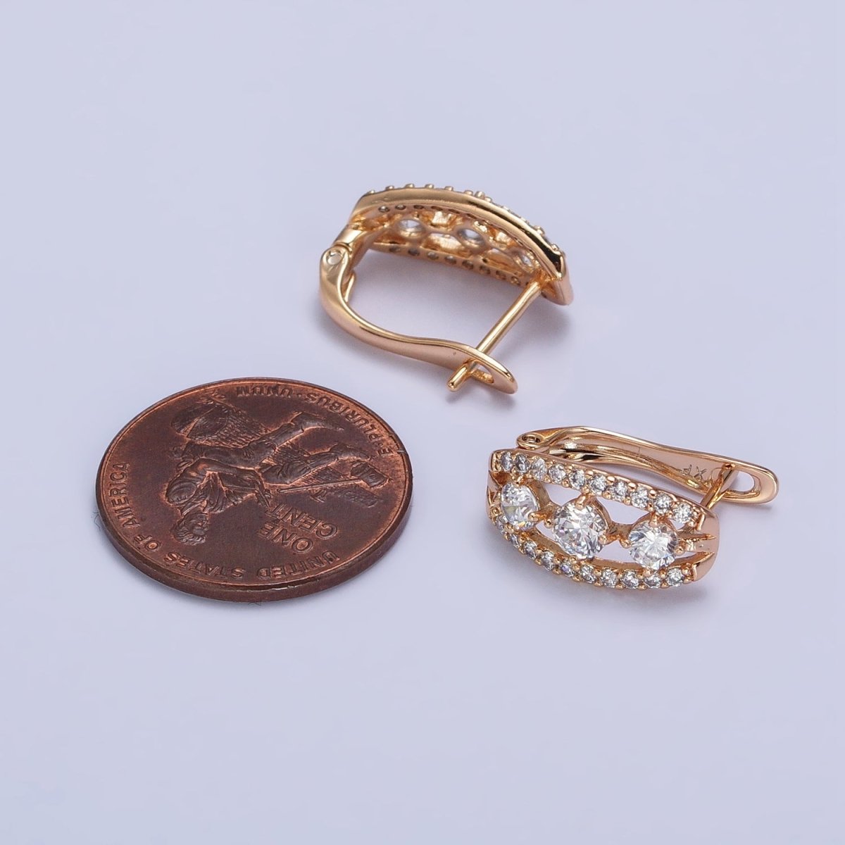 Clear Triple Round Micro Paved CZ Band Minimalist Gold English Lock Earrings | AB230