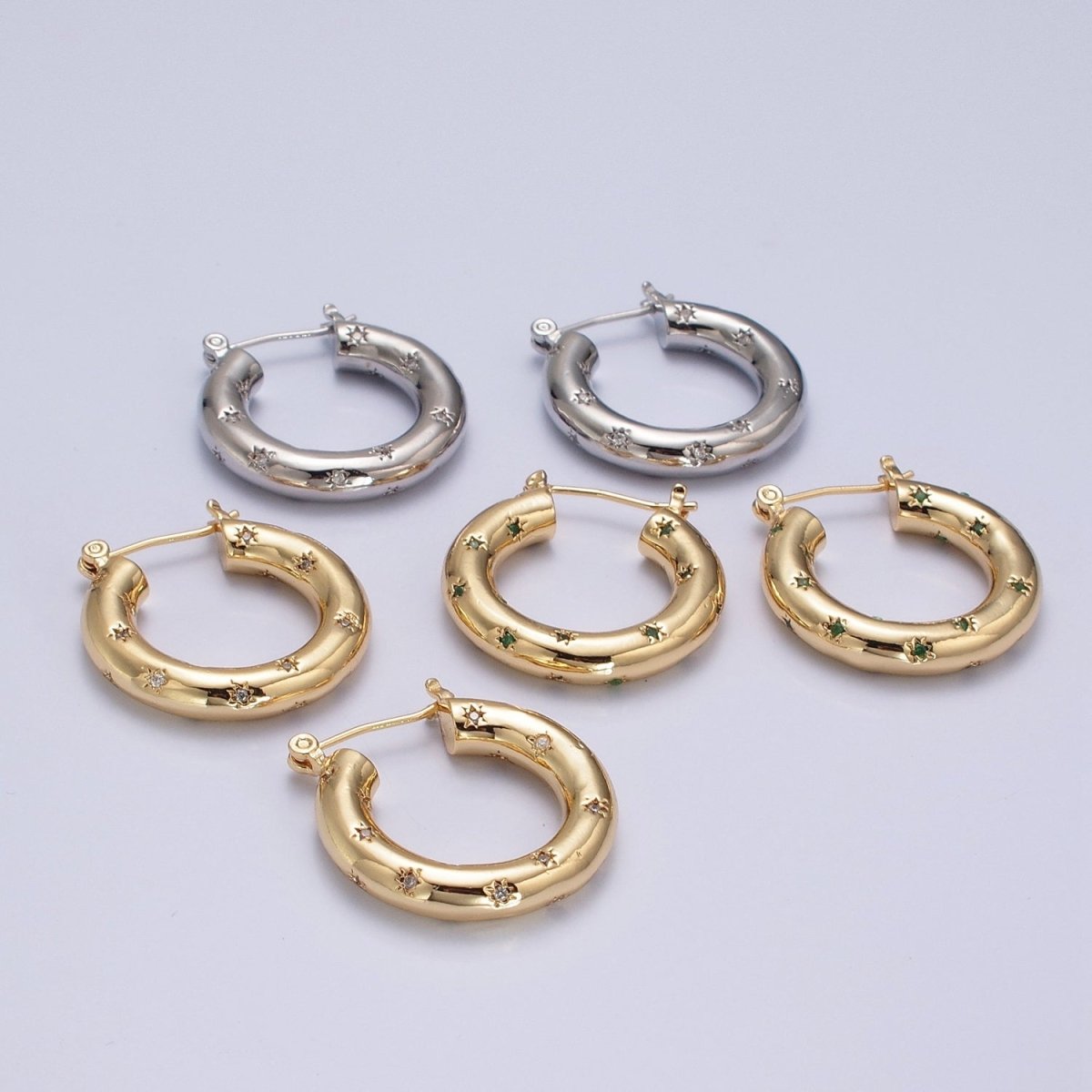 Clear/Green Celestial Star Studded French Lock Hinged Hook Hoop Earrings in Silver & Gold P-383 P-384