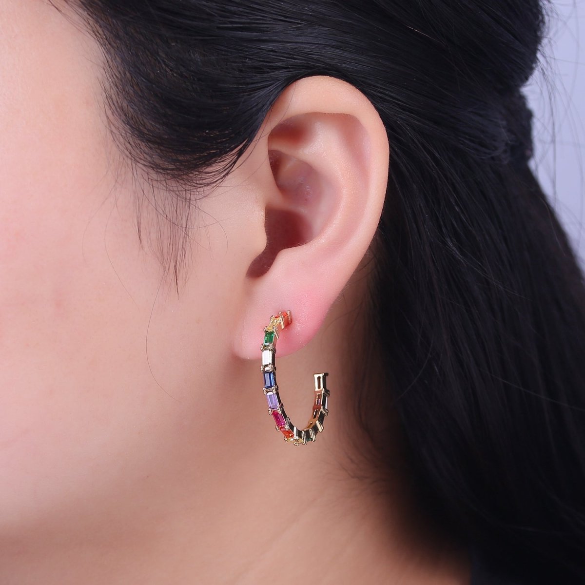 Colorful Baguette Hoop Earrings, Gold Multicolor Rainbow Hoop V-108