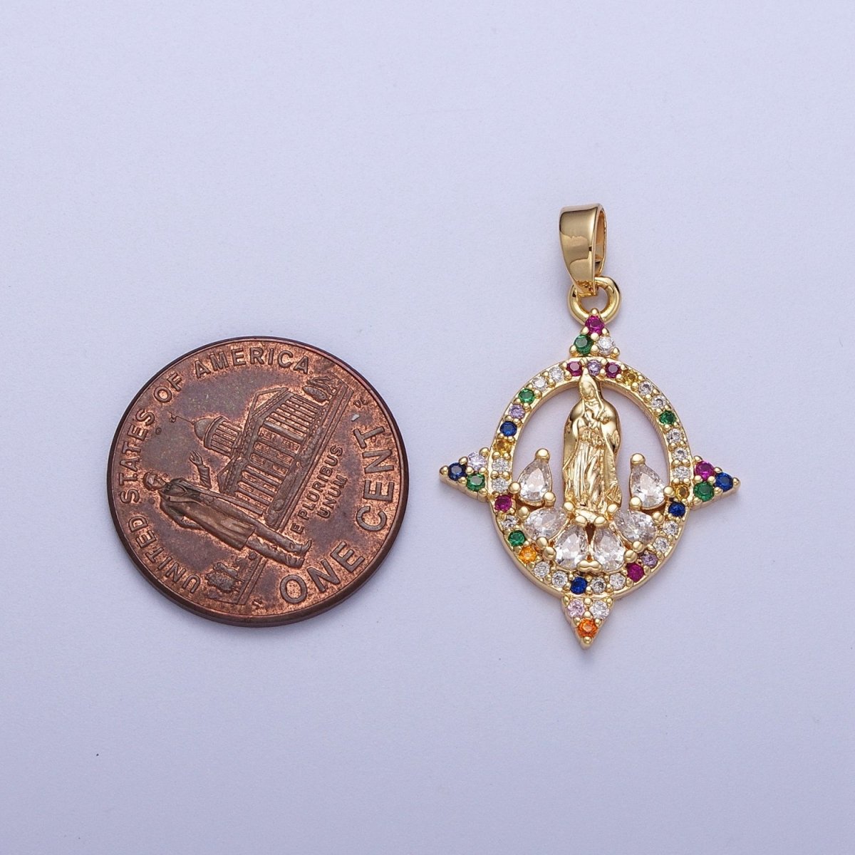 Colorful CZ Gold Four-Point Virgin Mary Oval Pendant, 24K Gold Plated Micro Paved CZ Marquise Cut Crystals Lady of Guadalupe Charm H-001