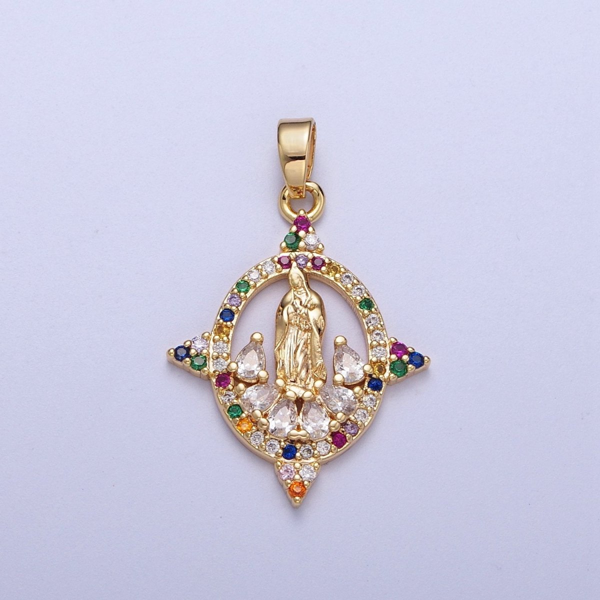 Colorful CZ Gold Four-Point Virgin Mary Oval Pendant, 24K Gold Plated Micro Paved CZ Marquise Cut Crystals Lady of Guadalupe Charm H-001