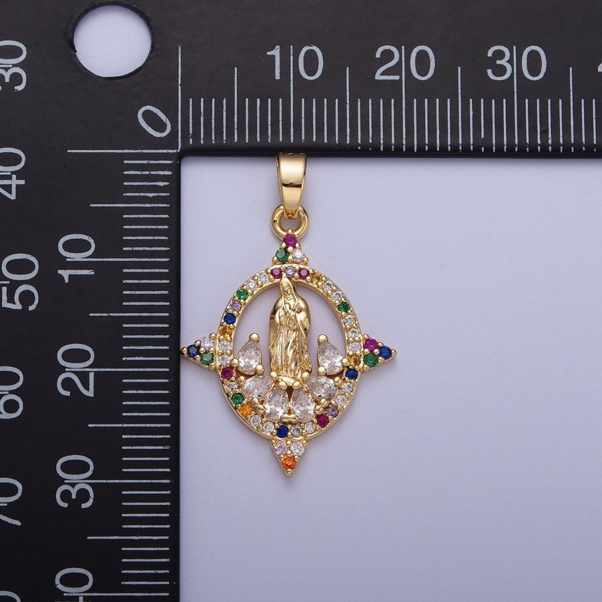 Colorful CZ Gold Four-Point Virgin Mary Oval Pendant, 24K Gold Plated Micro Paved CZ Marquise Cut Crystals Lady of Guadalupe Charm H-001