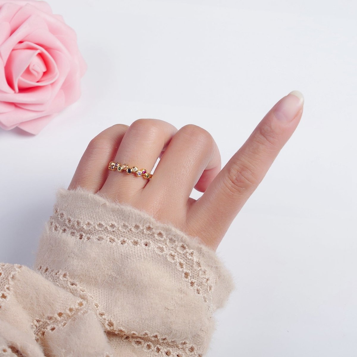 Colorful cz ring, Gold Filled stacking ring bubble ring Thin CZ gold Ring Open Adjustable Ring O-2118
