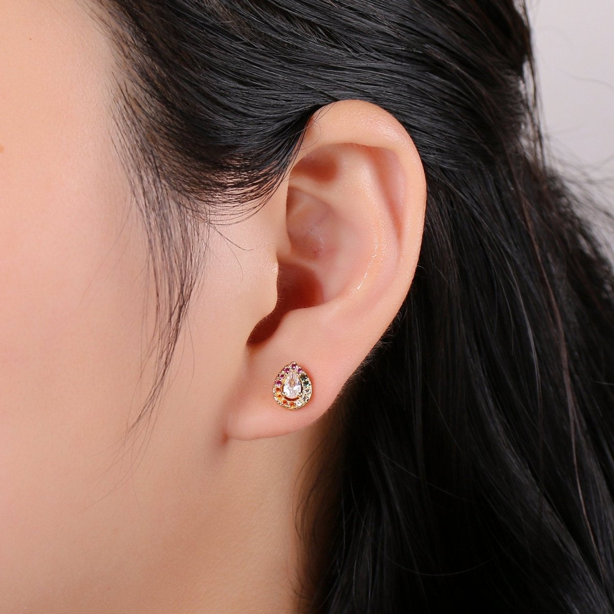 Colorful Gold Tiny Stud Earrings - Rainbow Micro Pave Studs - Dainty CZ Studs 10mm Tear Drop Crystal Small Stud Earrings Q-252