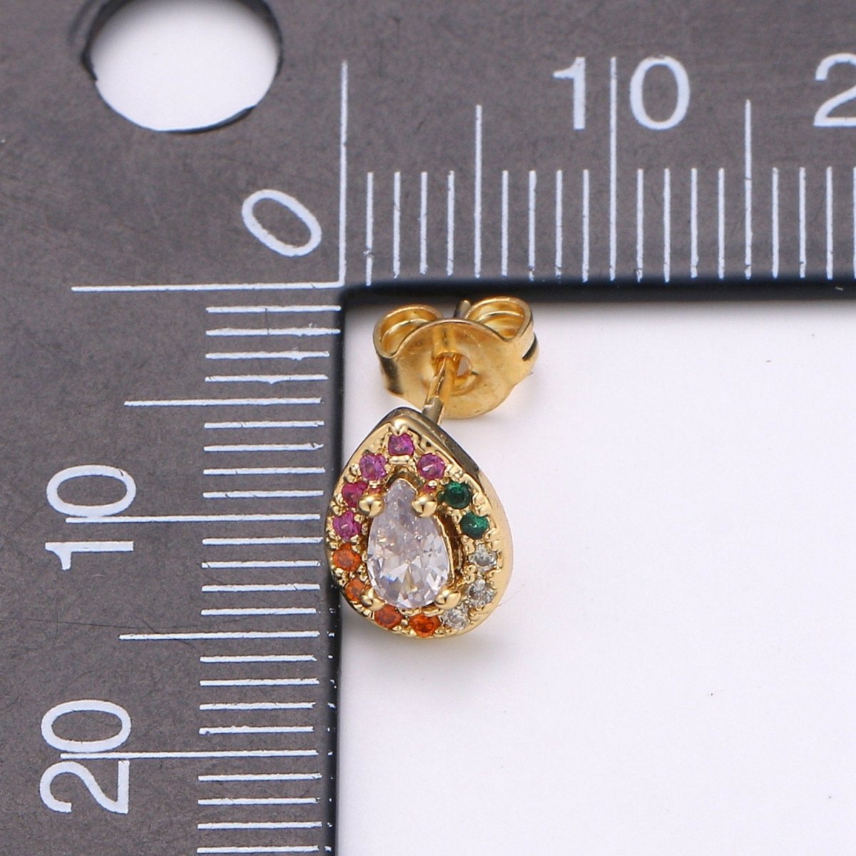 Colorful Gold Tiny Stud Earrings - Rainbow Micro Pave Studs - Dainty CZ Studs 10mm Tear Drop Crystal Small Stud Earrings Q-252