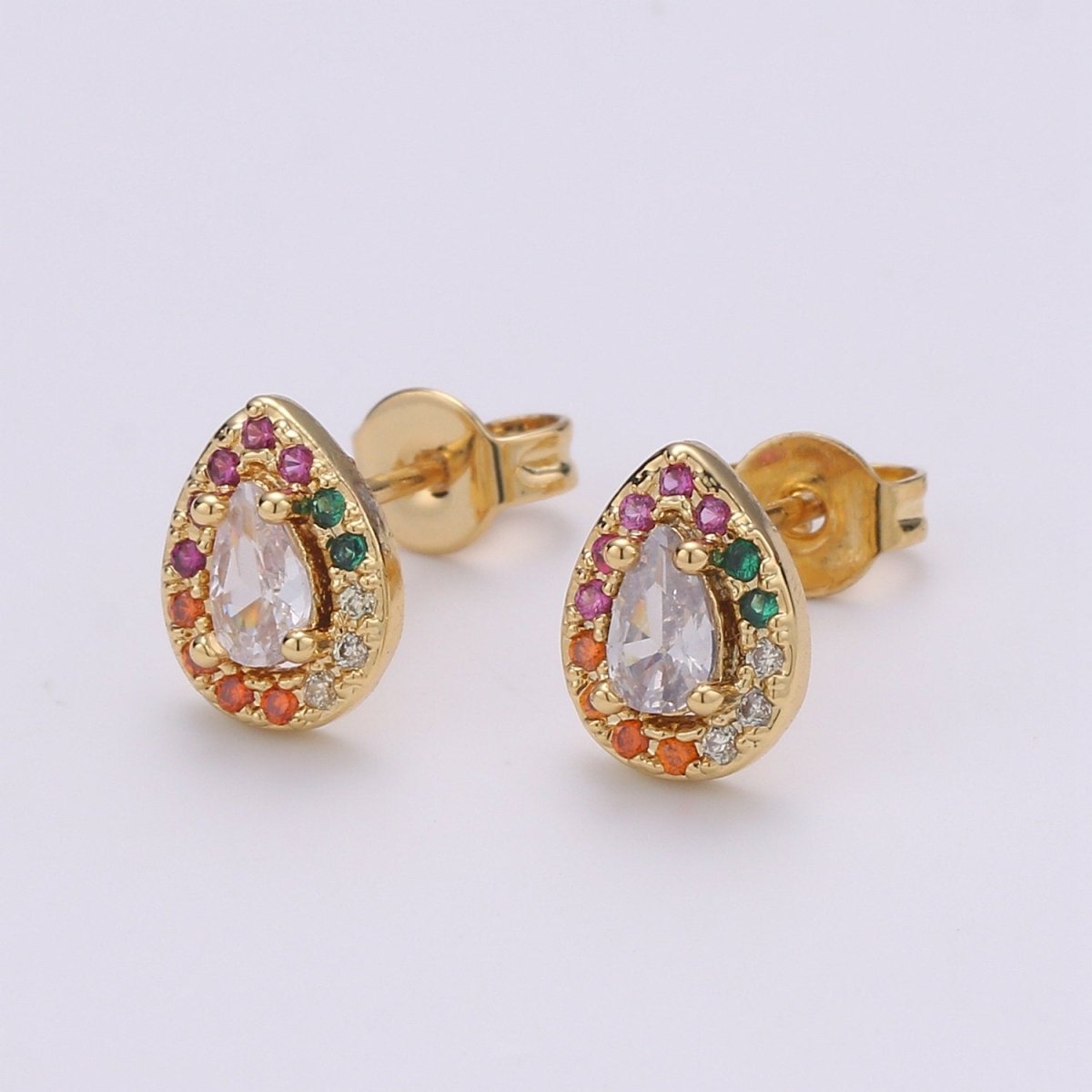 Colorful Gold Tiny Stud Earrings - Rainbow Micro Pave Studs - Dainty CZ Studs 10mm Tear Drop Crystal Small Stud Earrings Q-252