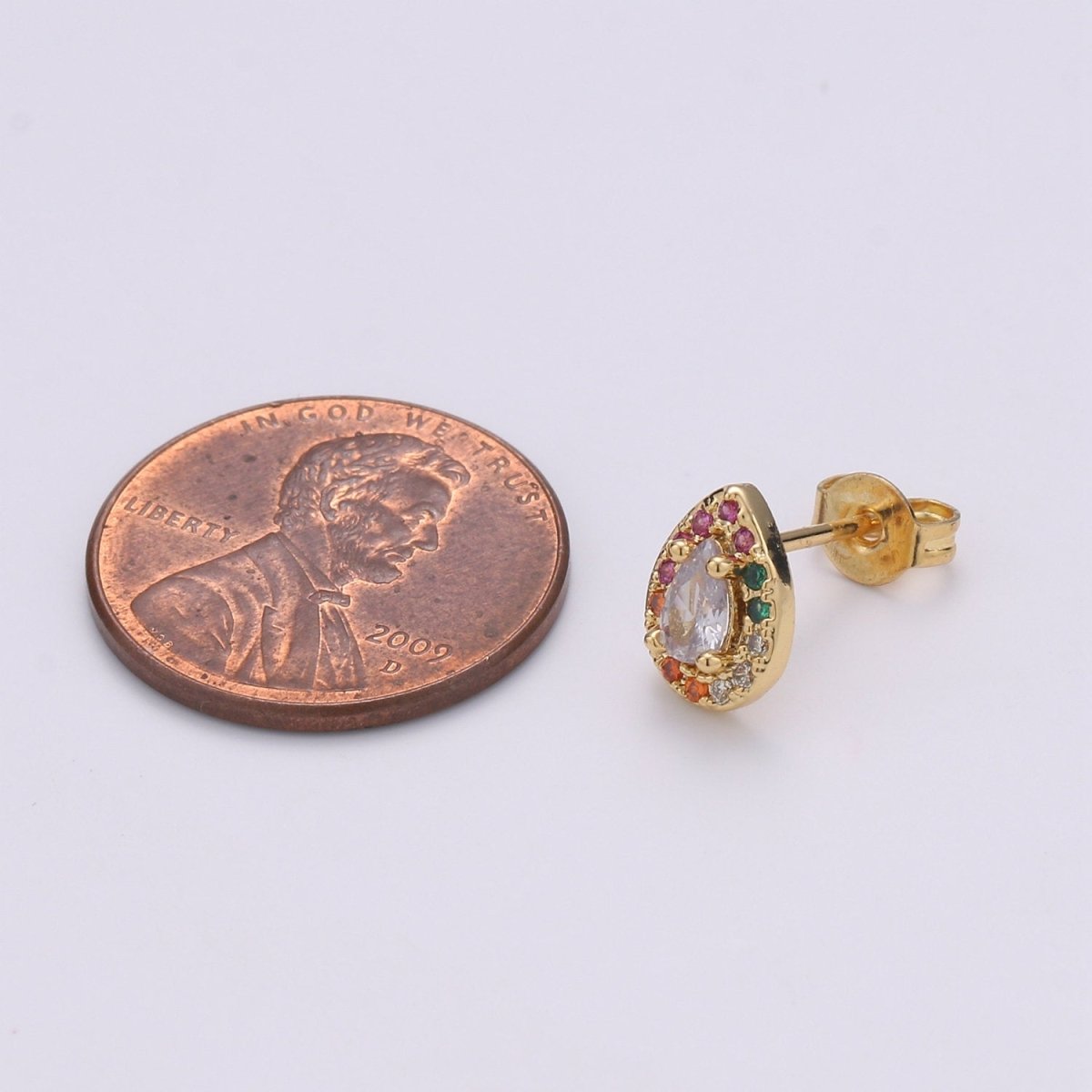 Colorful Gold Tiny Stud Earrings - Rainbow Micro Pave Studs - Dainty CZ Studs 10mm Tear Drop Crystal Small Stud Earrings Q-252