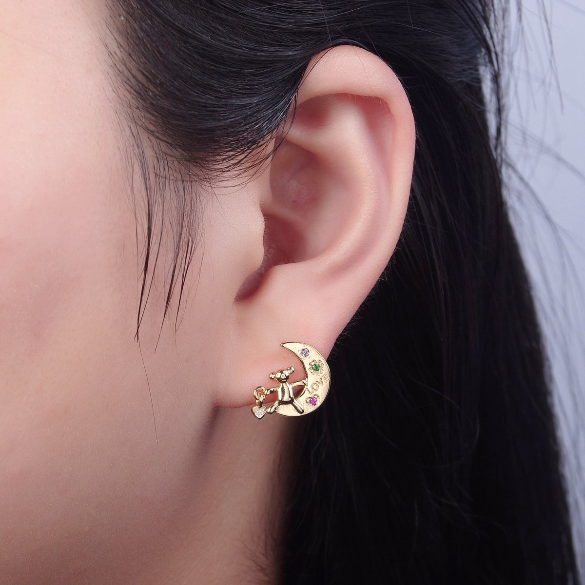 Crescent Moon and Teddy Bear Stud Earring CZ Moon Earring Gold Stud V-122