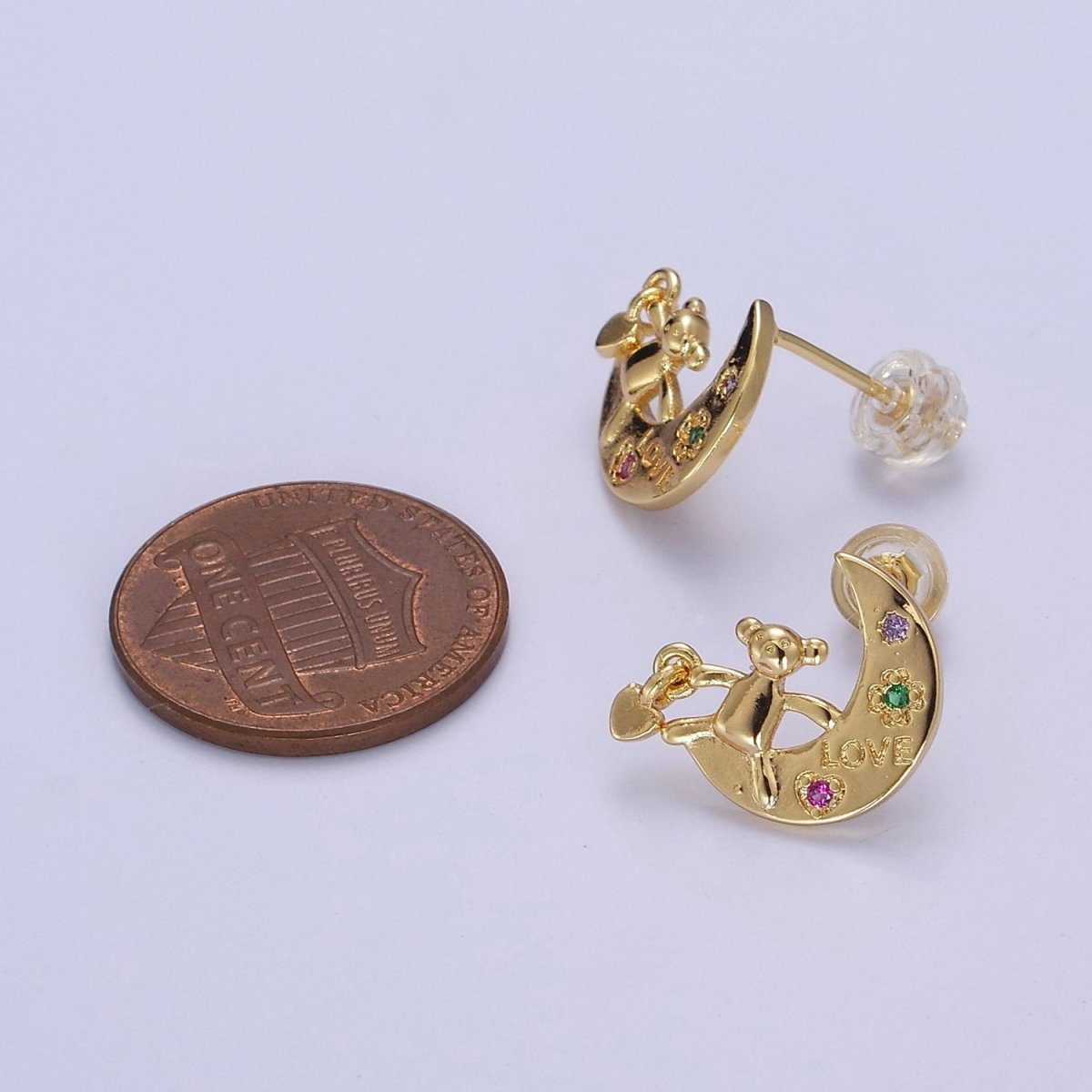 Crescent Moon and Teddy Bear Stud Earring CZ Moon Earring Gold Stud V-122