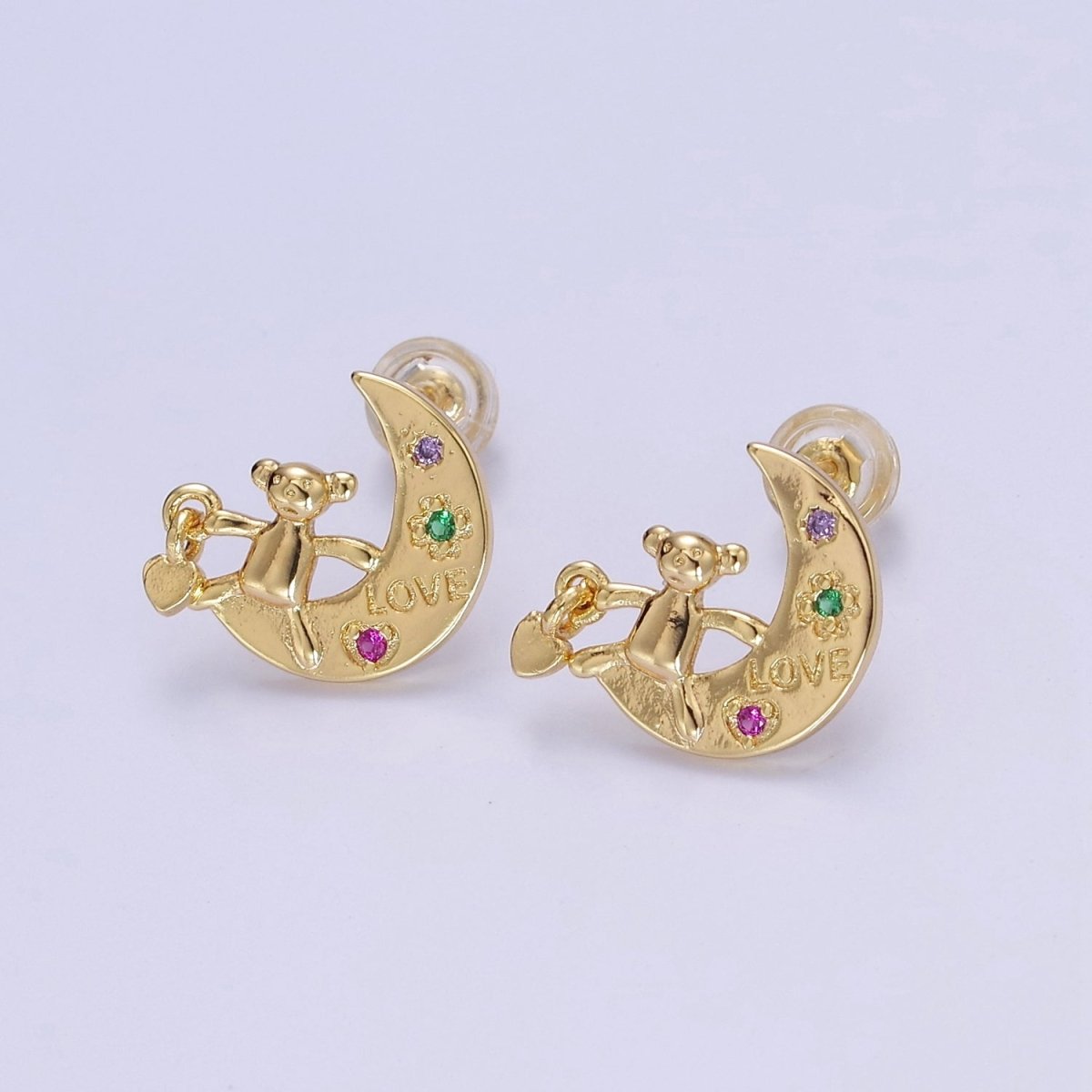 Crescent Moon and Teddy Bear Stud Earring CZ Moon Earring Gold Stud V-122