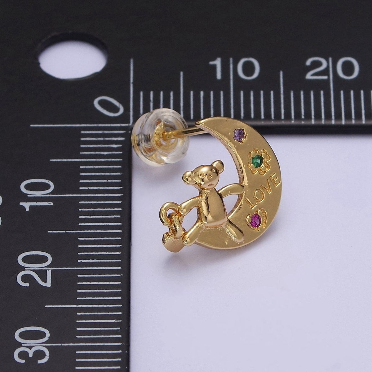Crescent Moon and Teddy Bear Stud Earring CZ Moon Earring Gold Stud V-122