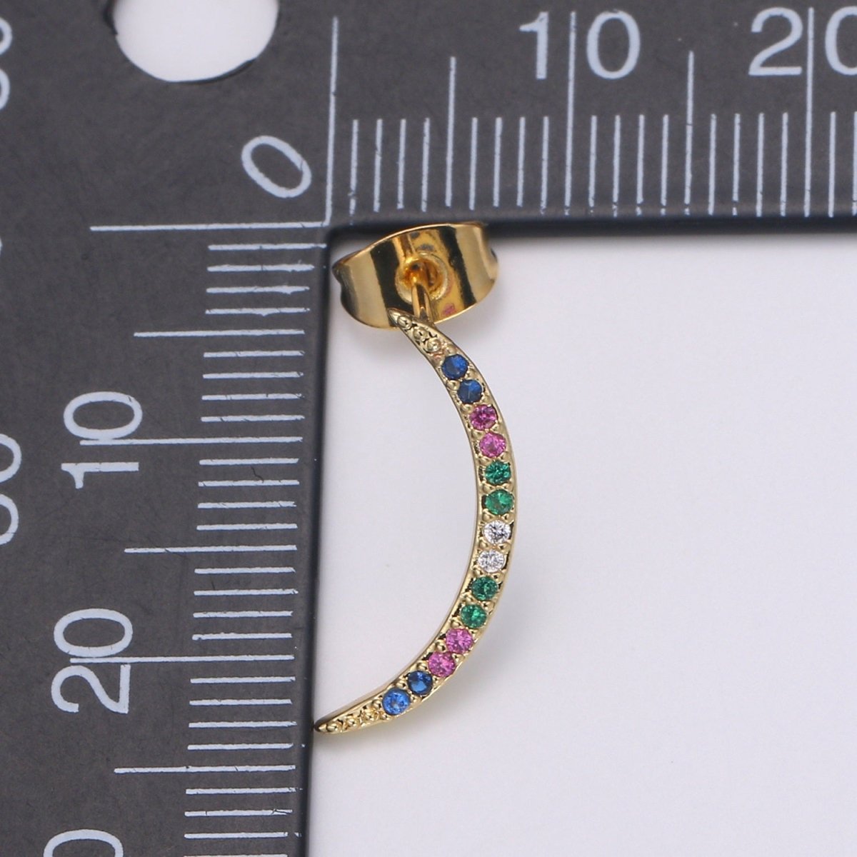 Cresent Moon Design 24K Gold Multi Color Pave Cz Stud Earring, Simplicity Metro Design Earring, Q-539