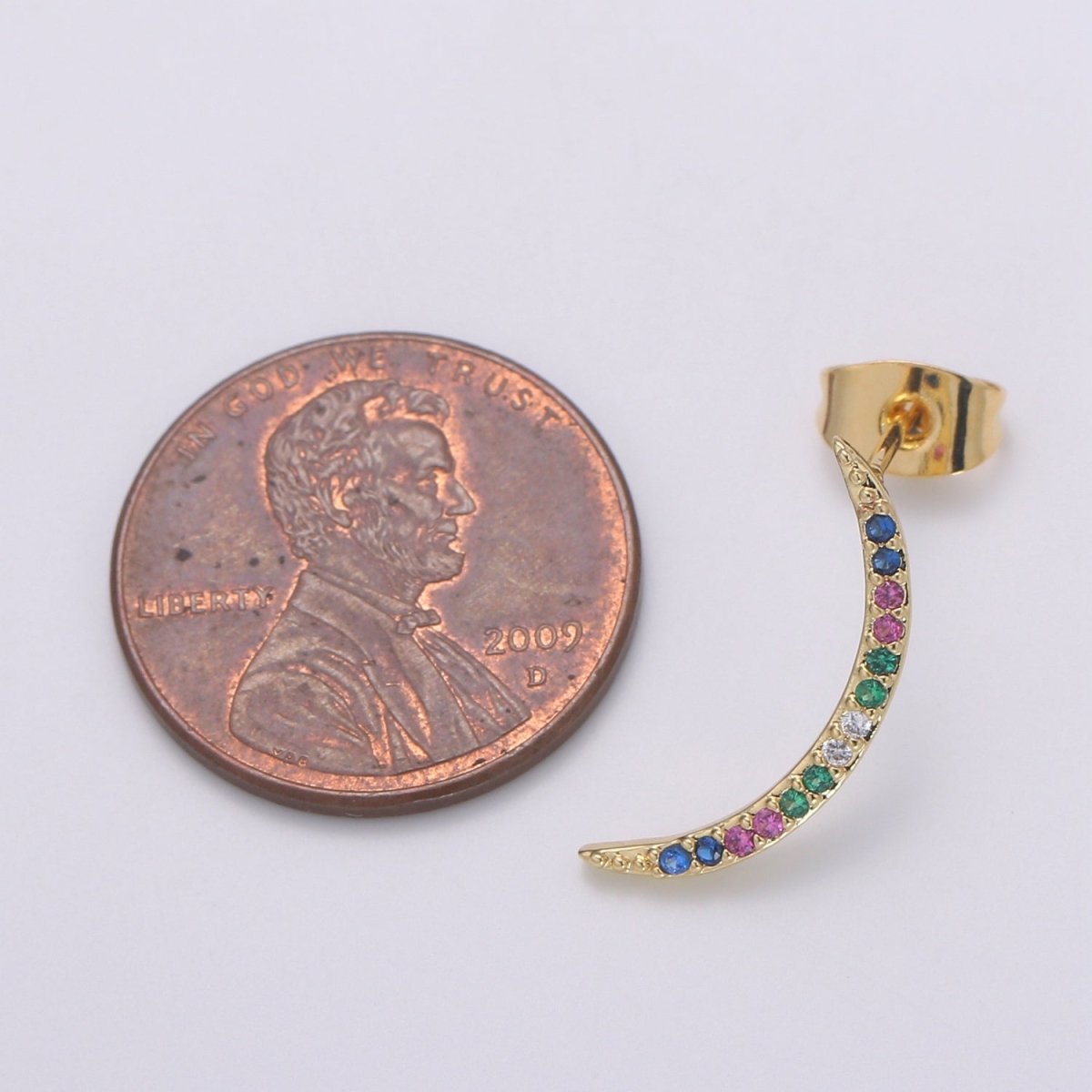 Cresent Moon Design 24K Gold Multi Color Pave Cz Stud Earring, Simplicity Metro Design Earring, Q-539