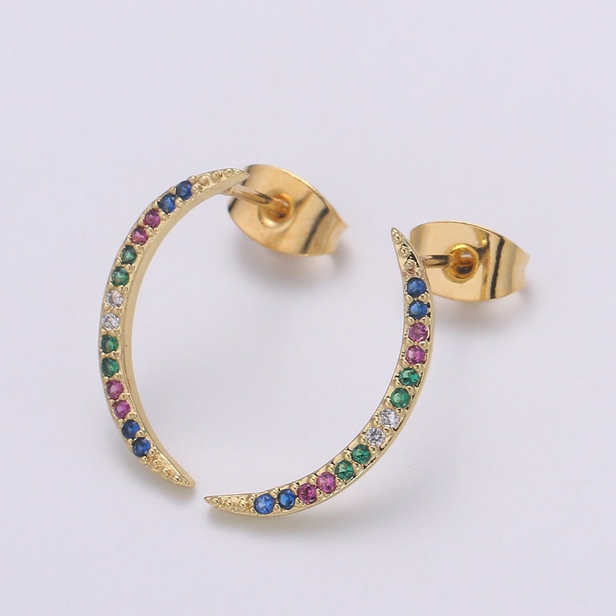 Cresent Moon Design 24K Gold Multi Color Pave Cz Stud Earring, Simplicity Metro Design Earring, Q-539