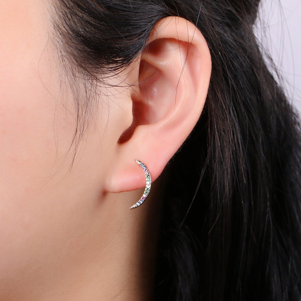Cresent Moon Design 24K Gold Multi Color Pave Cz Stud Earring, Simplicity Metro Design Earring, Q-539