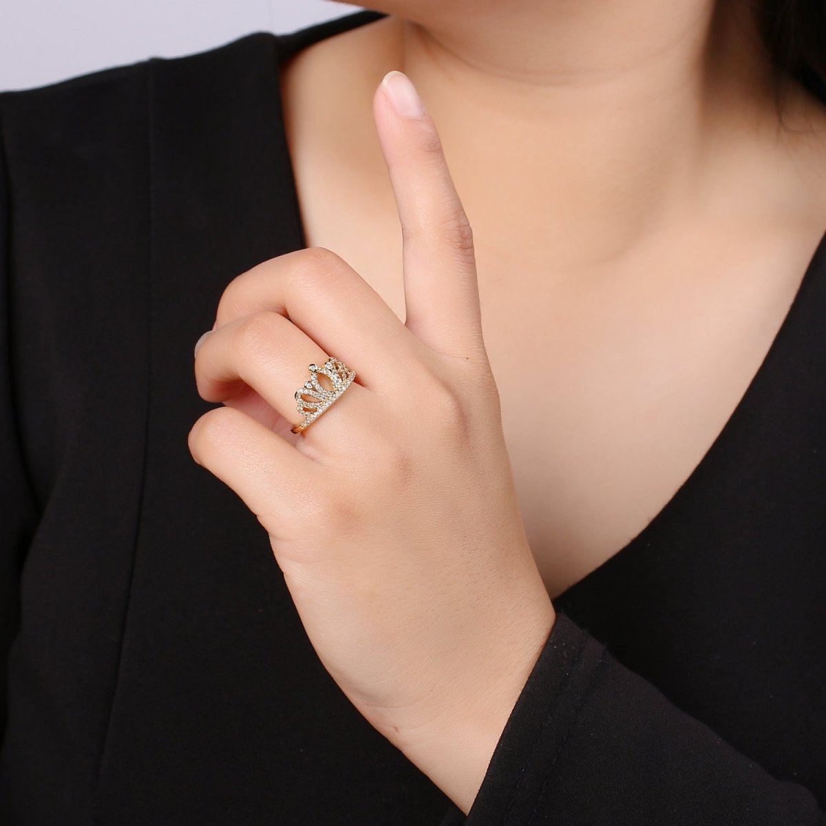 Crown Cubic Mini Pendant, Queen Cubic Pave 24K Gold Plated Charm Ring, Solitaire CZ Pendant Double Ring, Dainty ring Charm, R-440