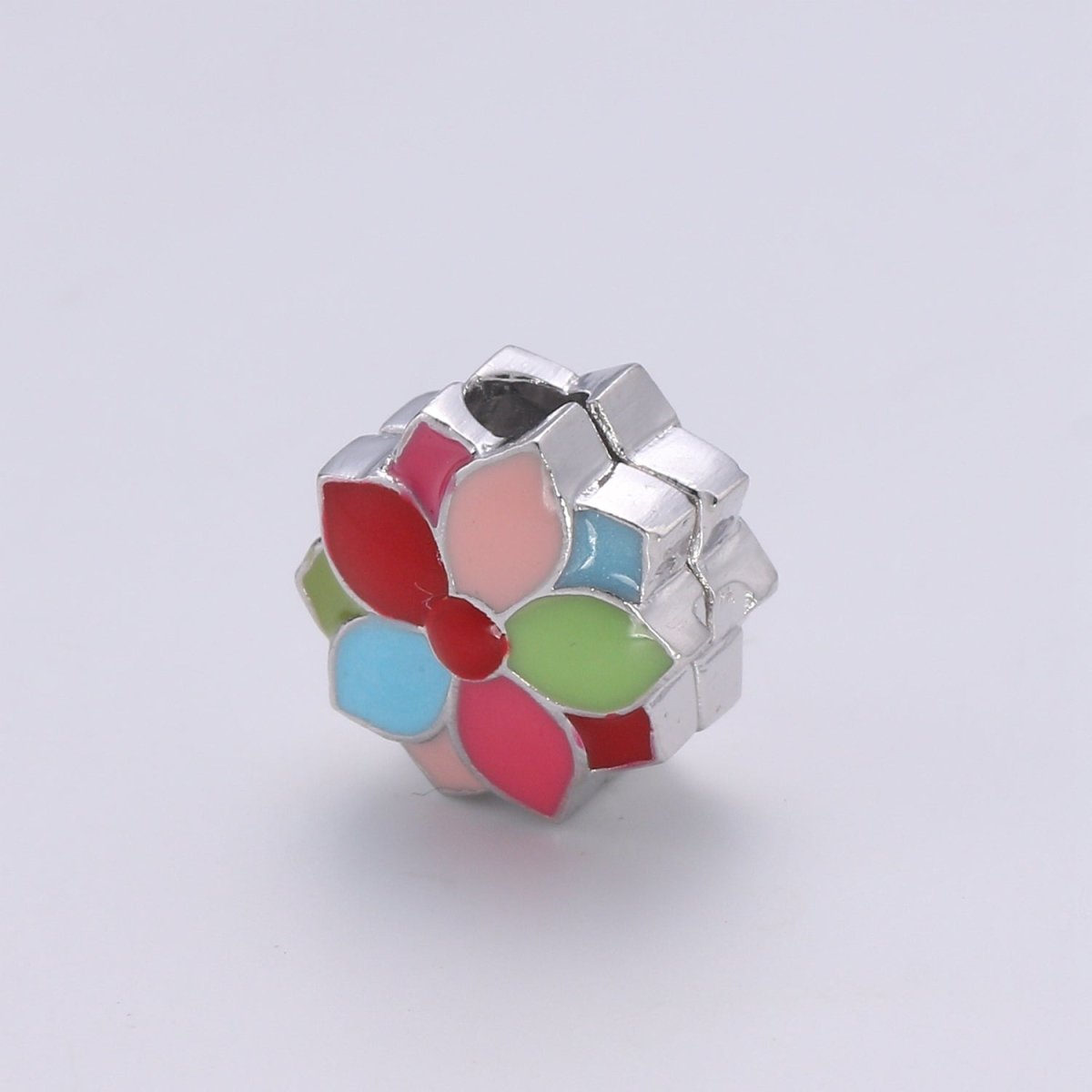 Crystal and Colorful Flower on Gold Filled Round Beads CZ Silver Floral Nature Jewelry Making Beads B361
