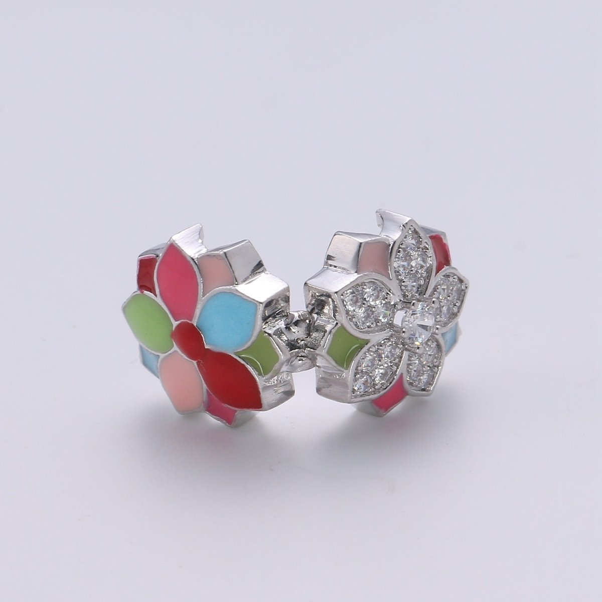 Crystal and Colorful Flower on Gold Filled Round Beads CZ Silver Floral Nature Jewelry Making Beads B361