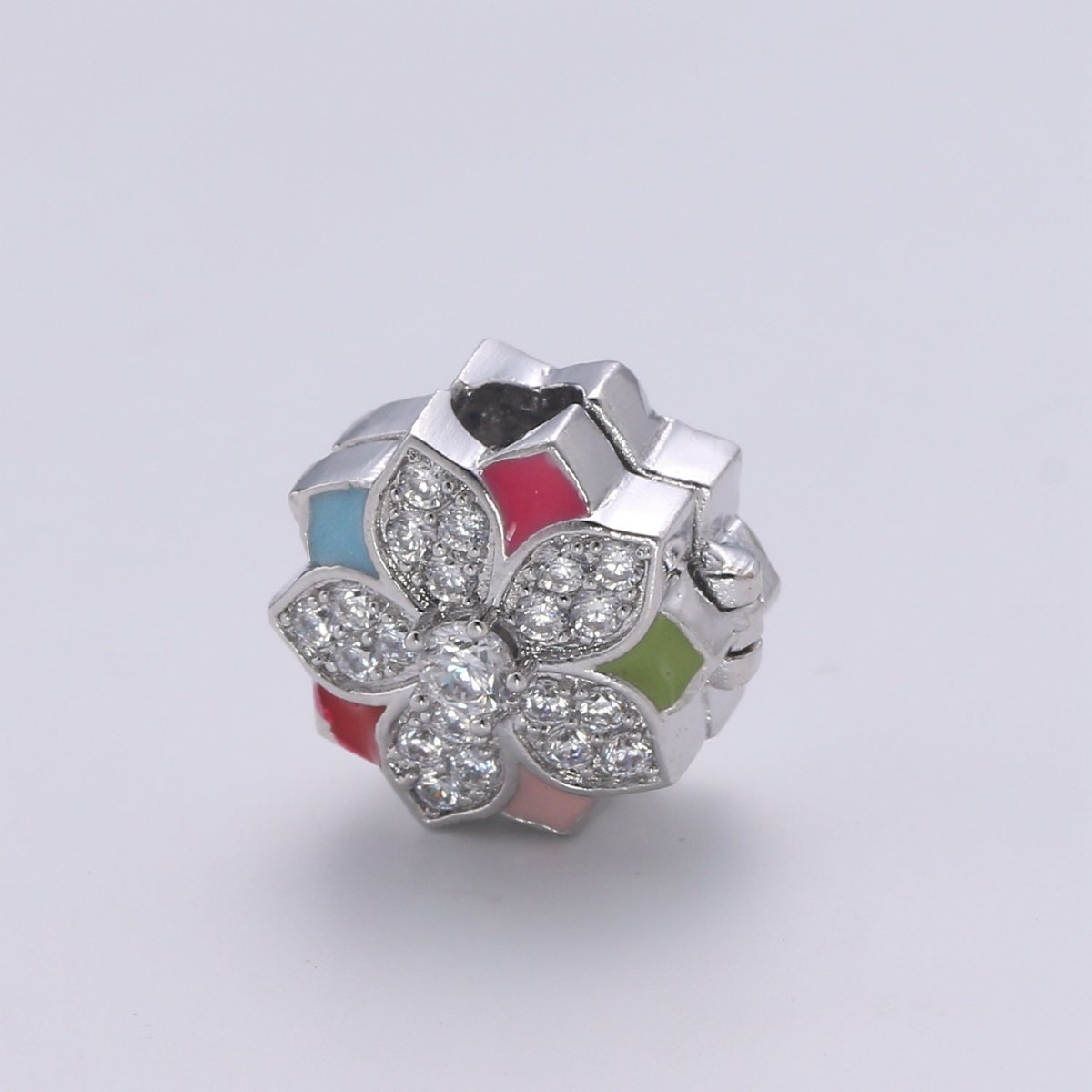 Crystal and Colorful Flower on Gold Filled Round Beads CZ Silver Floral Nature Jewelry Making Beads B361