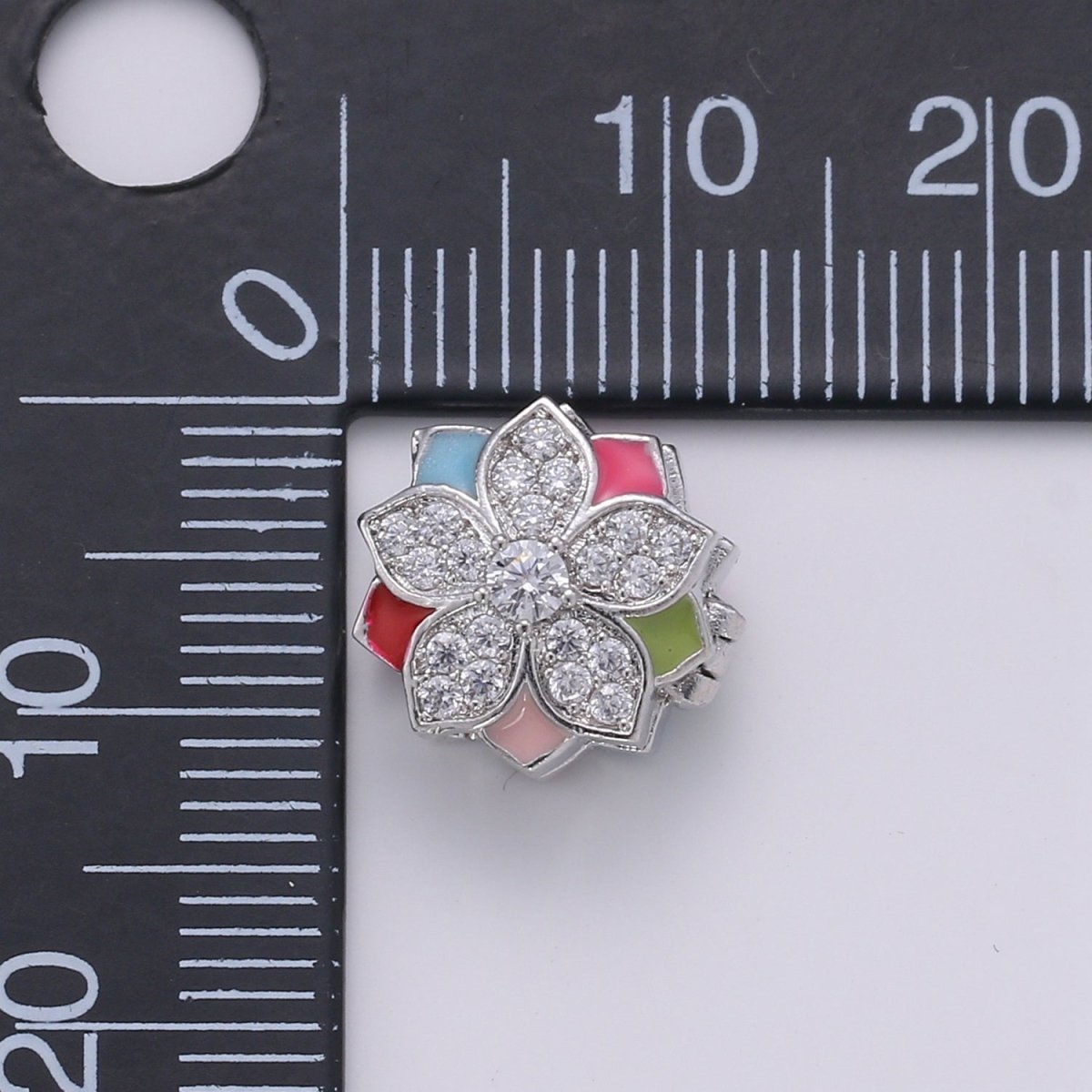 Crystal and Colorful Flower on Gold Filled Round Beads CZ Silver Floral Nature Jewelry Making Beads B361
