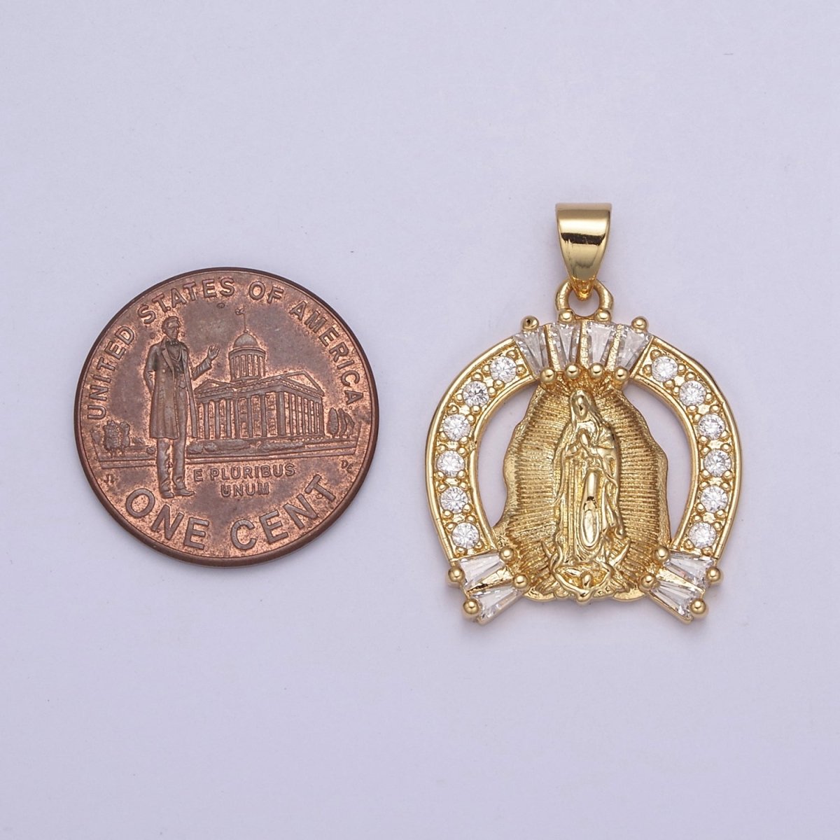 Cubic Gold Horse Shoe Medallion Religious Pendant Lady Guadalupe Virgin Mary Charm for Jewelry Making Supply H-741